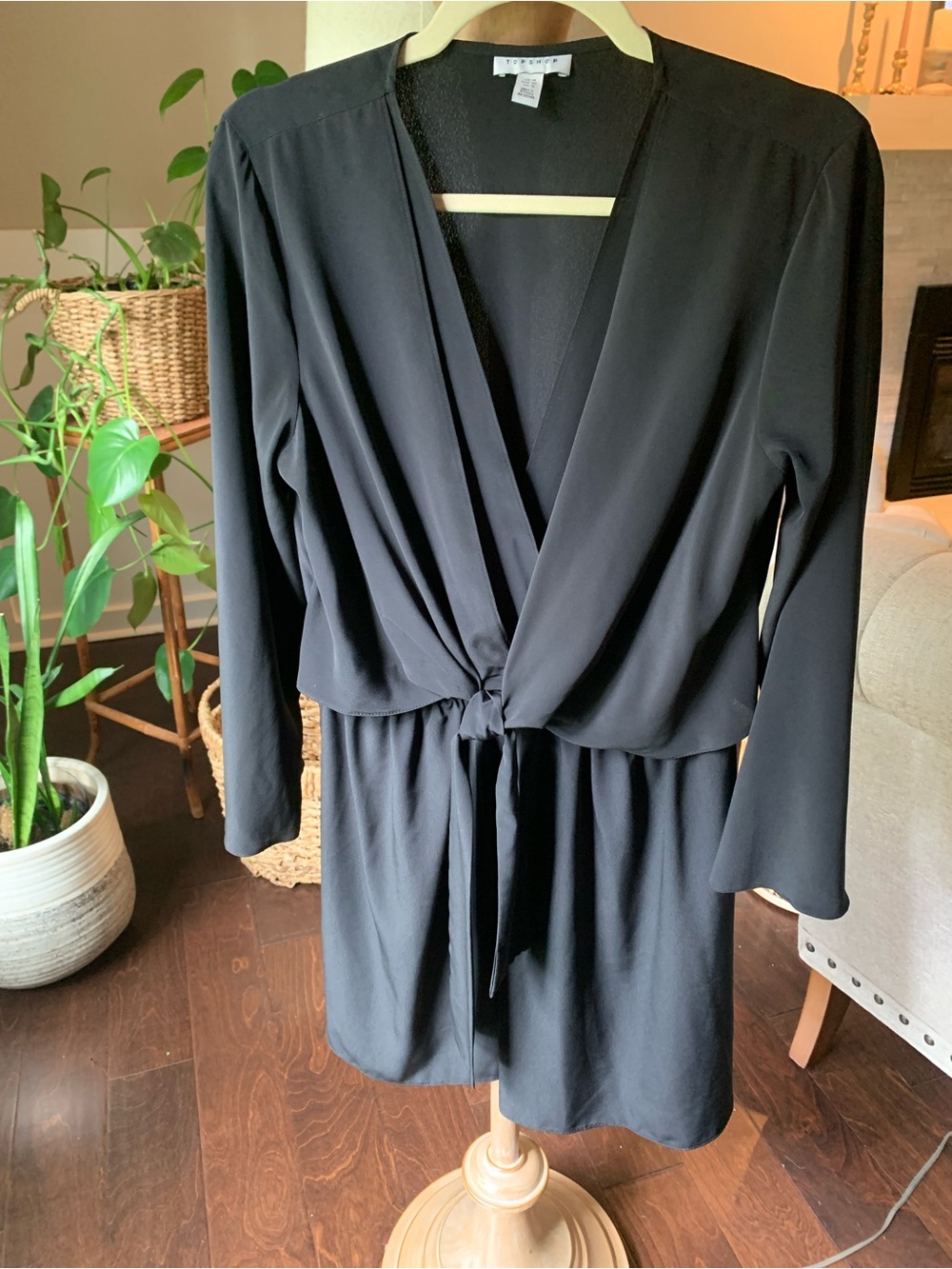 Topshop Black Faux Wrap-Front Long Sleeve Dress